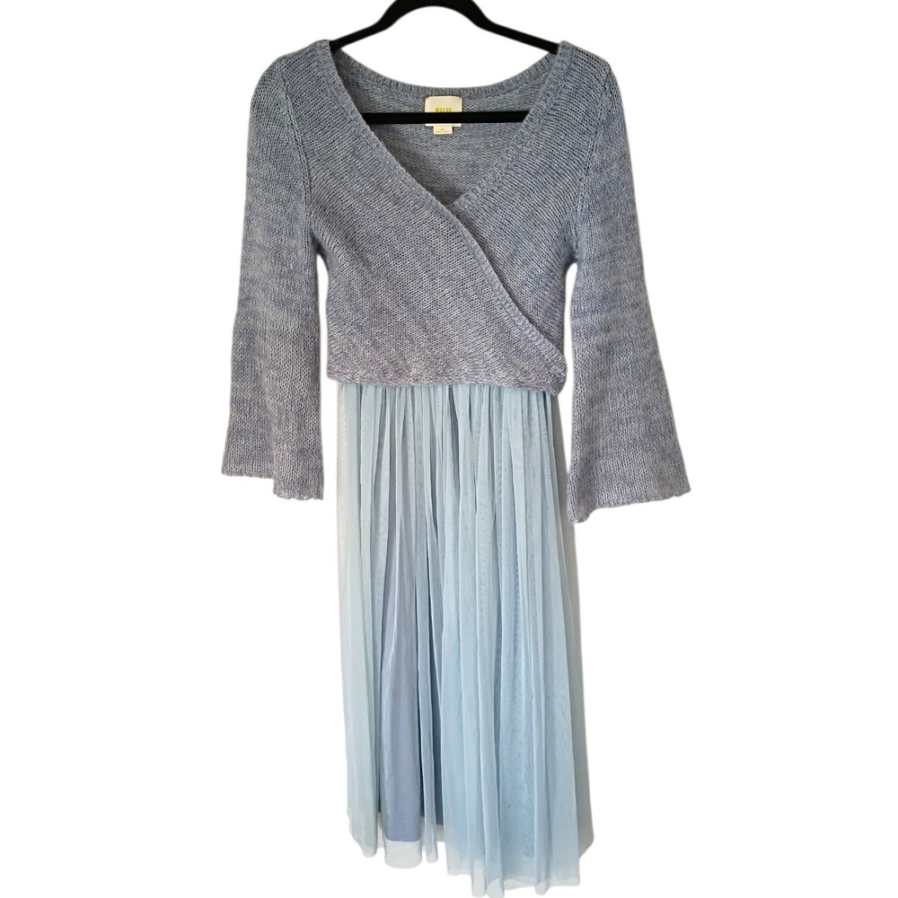 Maeve Two-Tone Light Blue Gray Knit Wrap Midi Dress